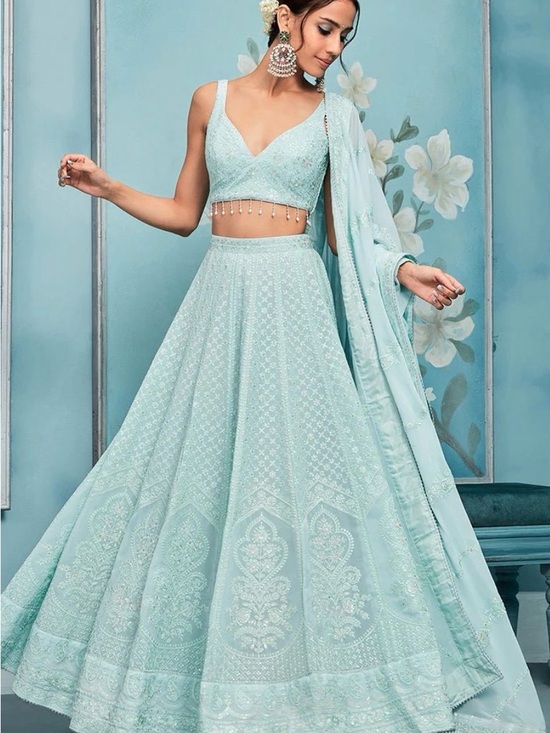 Lashkaraa Dresses & Skirts - Sea Green Thread Embroidered Lehenga